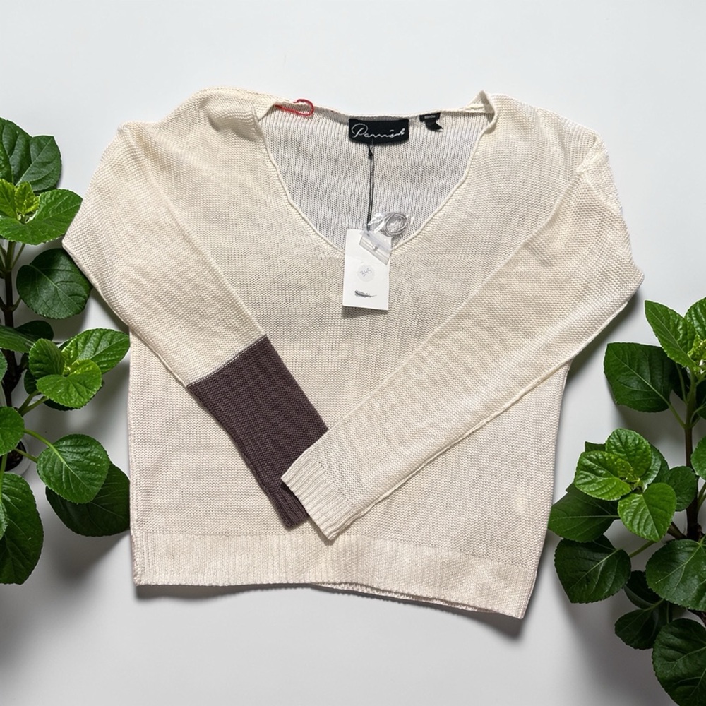 Parrish NWT Cream Linen Lightweight V Neck Sweater Small